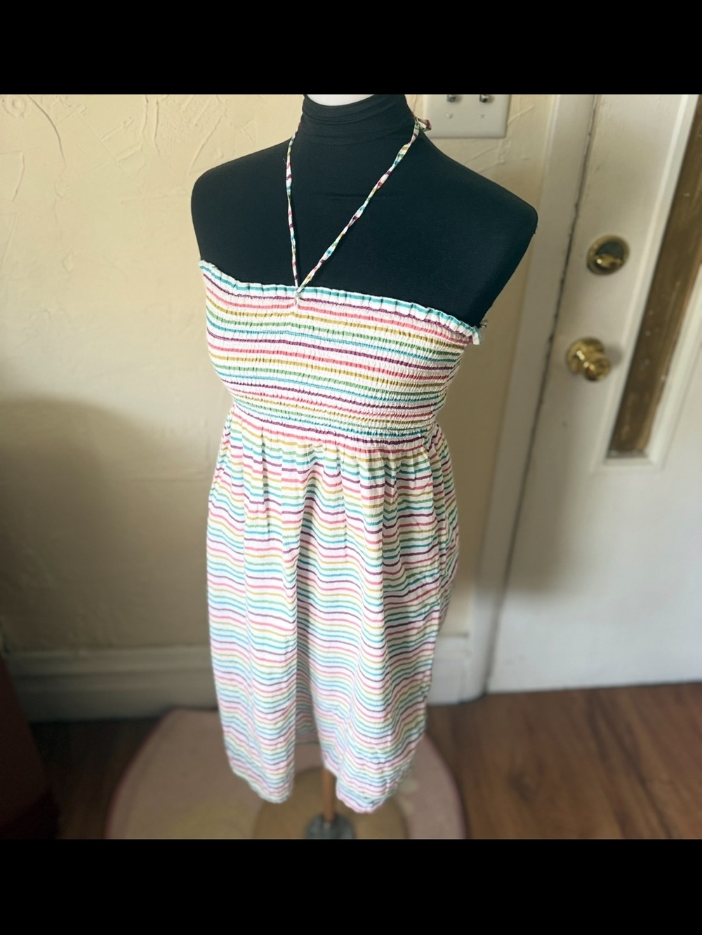 Vintage Y2K Old Navy Rainbow Stripe Smocked Halter Mini Dress Cottagecore M - Picture 2 of 4
